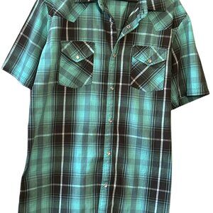 High Noon Shirt Men's 2XL Blue/Teal Western Plaid Pearlized Snaps